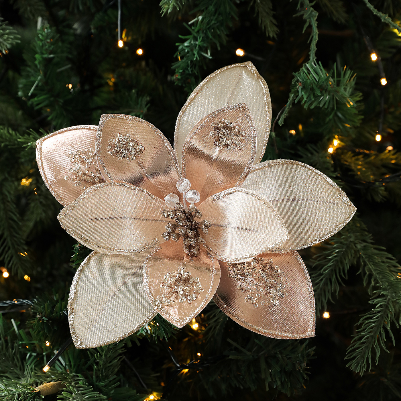 Nuevo producto 15CM tela de alta calidad flores de Navidad polvo de oro flor de polvo de polvo flor de Navidad decoración de caña de corolla