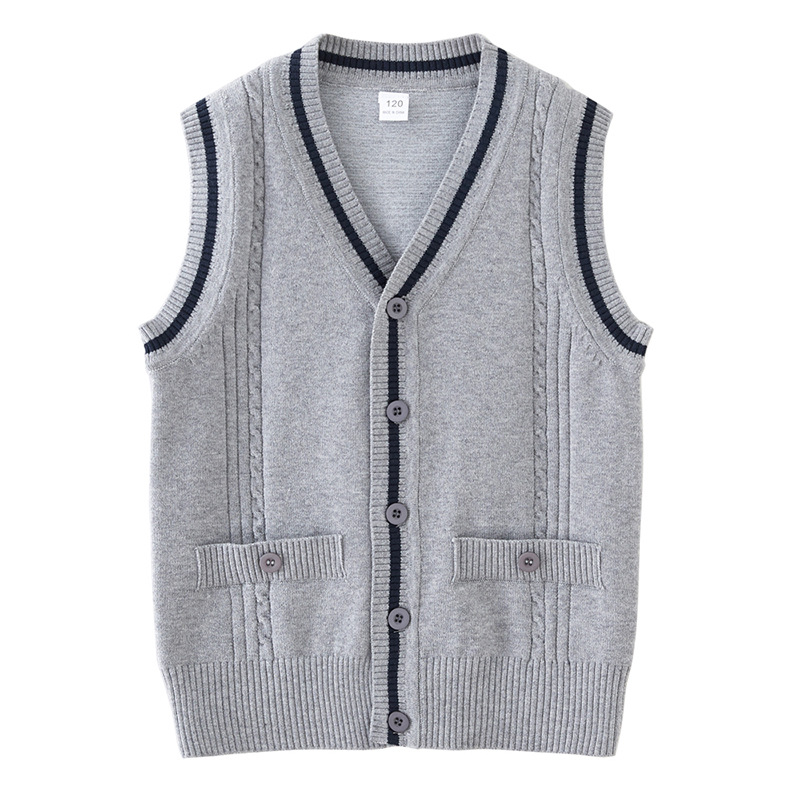 Contraste transfronterizo color giro medio y grande suéter de los niños Chaleco de Bolsillo falso Chaleco de punto de los niños cardigan uniforme escolar de las niñas