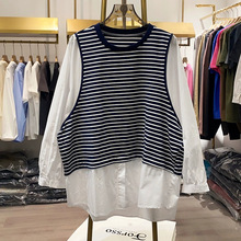 日韩系圆领长袖衬衫女春秋简约拼接设计感条纹上衣女装批发工厂
