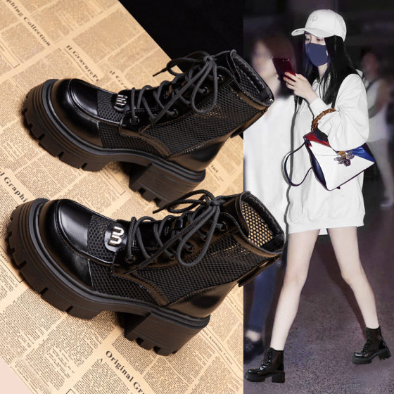 Genuine Leather Mesh Martin Boots Women's Thick Sole 2024 New Summer Hollow Breathable Mesh Boots Women's Heightened Boots Short Boots