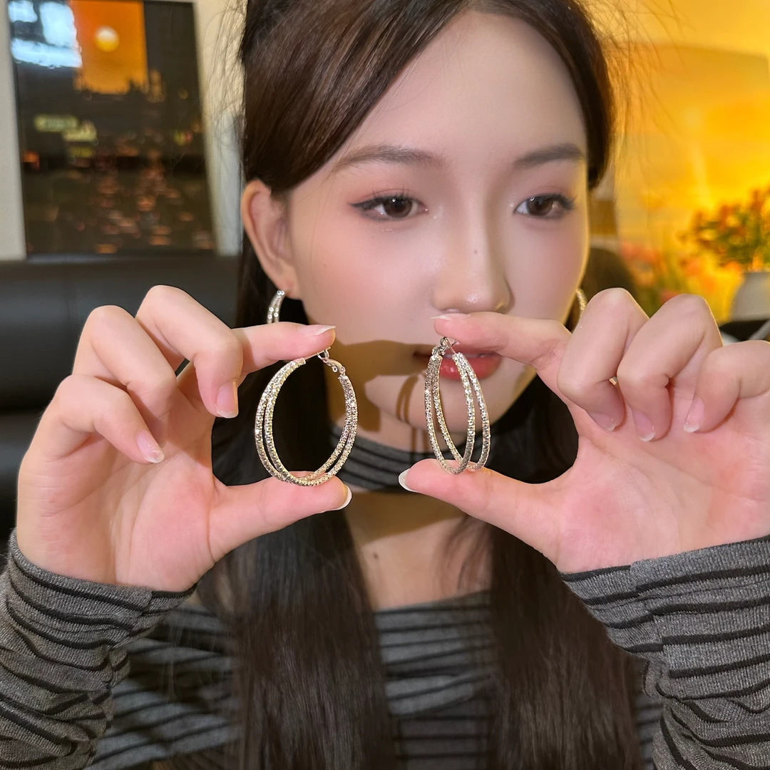 Super Shiny Bright Silver Double-Layer Large Circle Earrings, Feminine Exaggerated High-End Earrings, Face-Showing Small Earrings