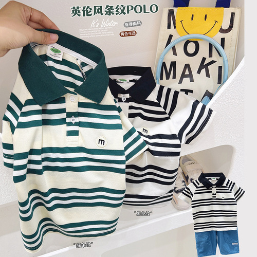 2024 summer new children's short-sleeved POLO shirt boys striped letter lapel T-shirt medium and large children's baby tops