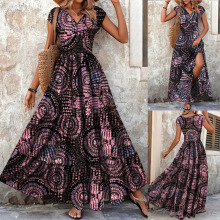 速卖通跨境外贸复古几何花卉印花连衣裙时尚优雅深V短袖连衣长裙
