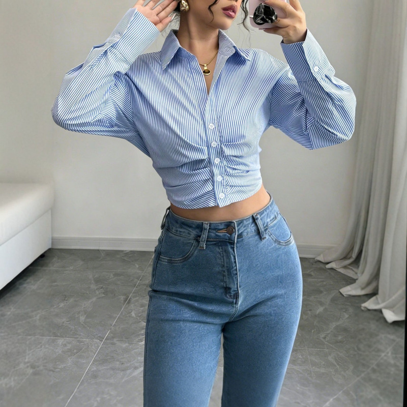 Women's Striped Ruched Loose Long-Sleeved Top, Street Casual Date Daily Wear, Women's Fashion Clothing