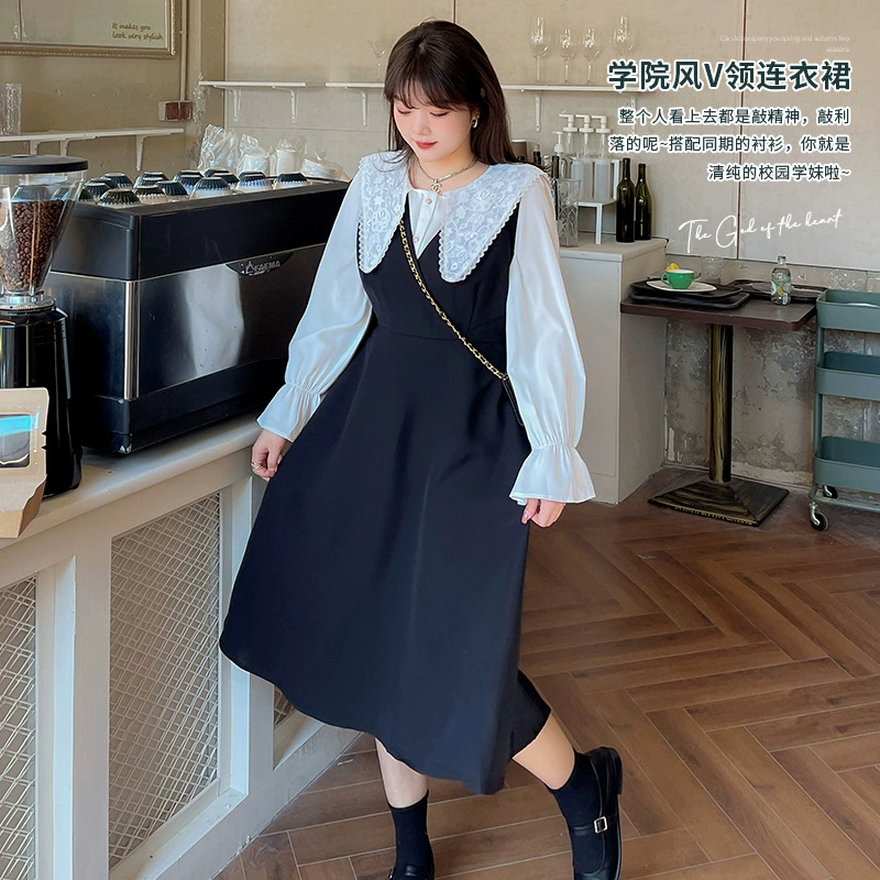 Зима Новый плюс размер женщин 200 кг пухлые девушки колледж Стиль V воротник талии платье для похудения 130011