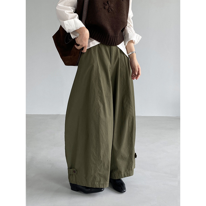 Jiangzuo 100% cotton cuffed high-waisted casual curved-leg pants for women, autumn 2026, elastic waist, workwear wide-leg pants 1997 Jiangzuo 100% cotton cuffed high-waisted casual curved-leg pants for women, autumn 2026, elastic waist, workwear wide-leg pants 1997