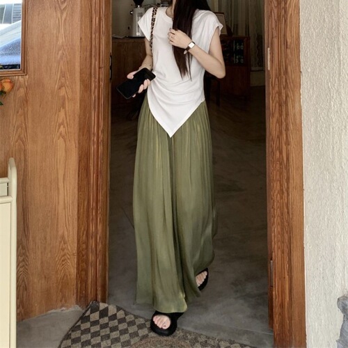 Fashionable suit for women with irregular design short-sleeved T-shirt 2025 summer high-waist wide-leg pants skirt two-piece set