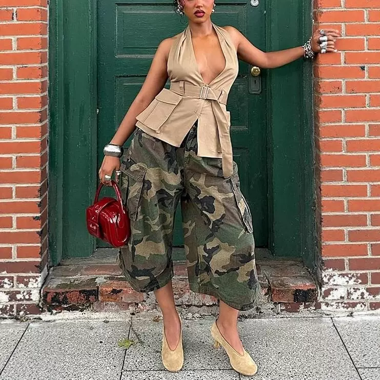 M81018跨境欧美风女装街头潮人时尚休闲迷彩工装风口袋宽松阔腿裤