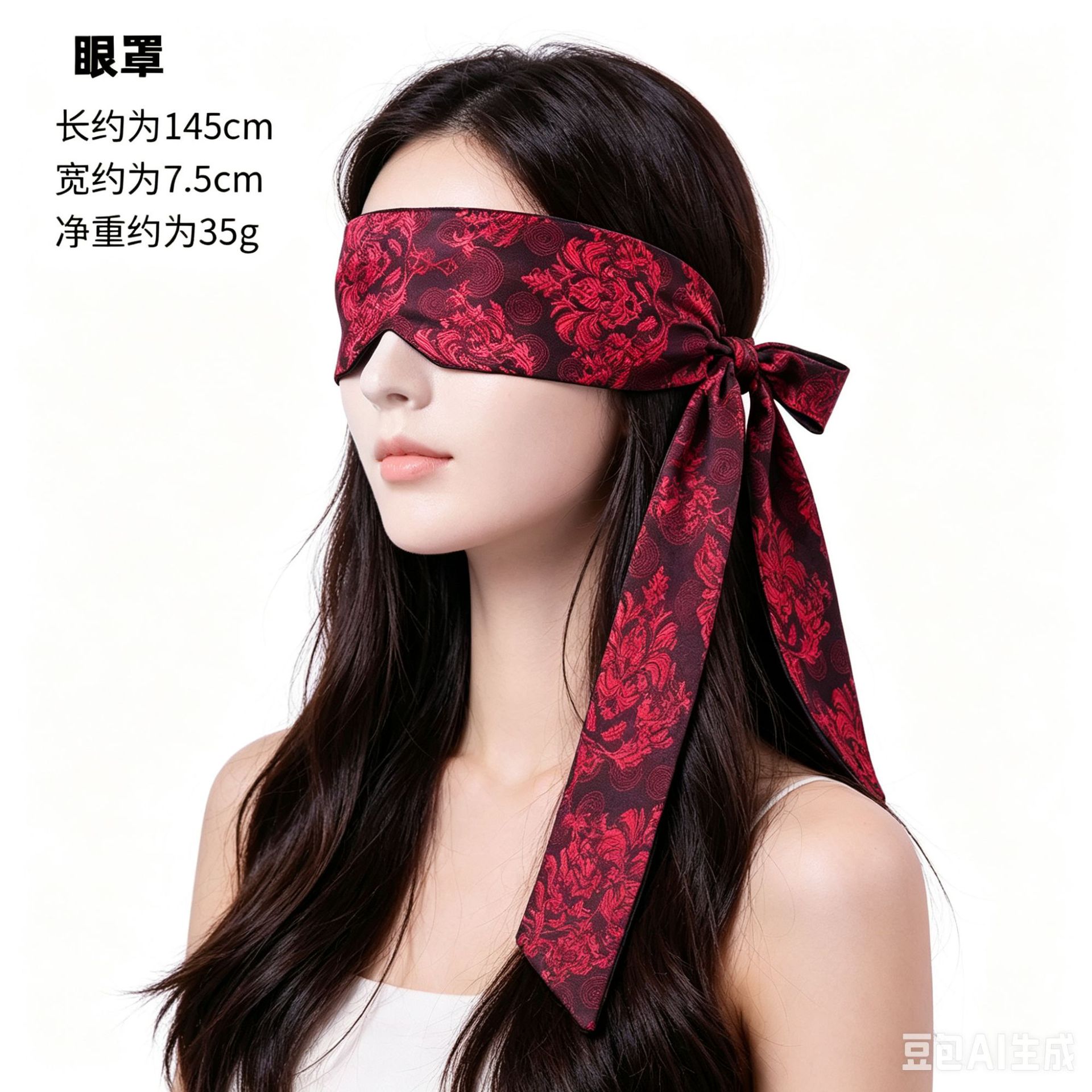 Satin Blindfold with Ties and Elastic Band, Red and Black Silk-Feel Eye Mask — detail image 4