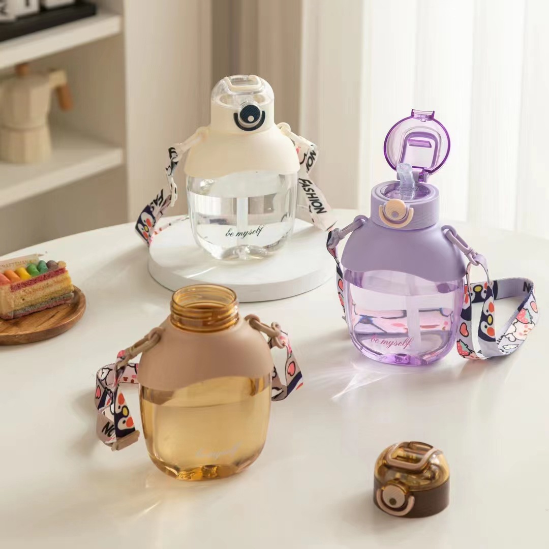 2023 New Arrival Large Capacity Sports Water Bottle with Cute Sticker Strap Straw Cup for Girls, High-Quality and Attractive Big Belly Cup