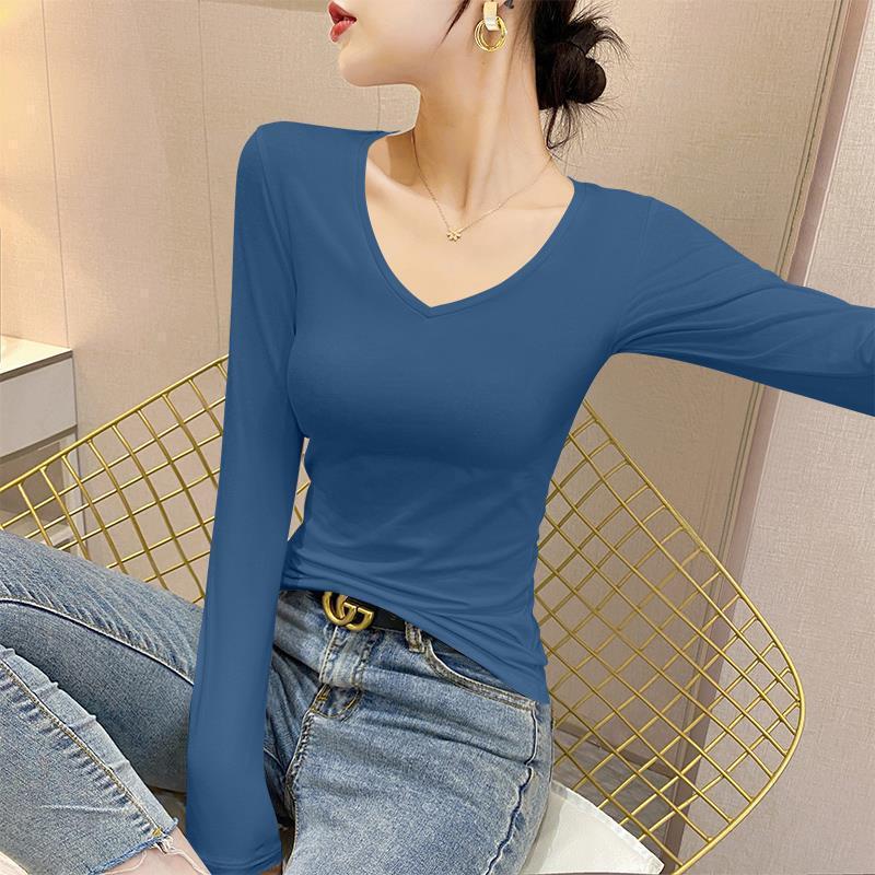 Haze Blue V-Neck Long-Sleeved Bottoming Shirt for Women, New Spring, Autumn and Winter Inner Wear, Pure Cotton, Western Style, Slim Fit, Slimming Look Top Haze Blue V-Neck Long-Sleeved Bottoming Shirt for Women, New Spring, Autumn and Winter Inner Wear, Pure Cotton, Western Style, Slim Fit, Slimming Look Top
