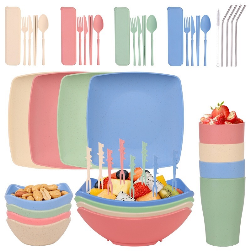 Amazon's Best-Selling Wheat Straw Square Steak Plate Salad Bowl Cup Knife Fork Spoon Chopsticks Straw Cutlery Set Amazon's Best-Selling Wheat Straw Square Steak Plate Salad Bowl Cup Knife Fork Spoon Chopsticks Straw Cutlery Set