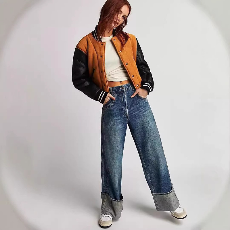 DY European and American Style New Vintage Washed Mid-Waist Slimming Roll-up Loose All-Match Straight Jeans for Women