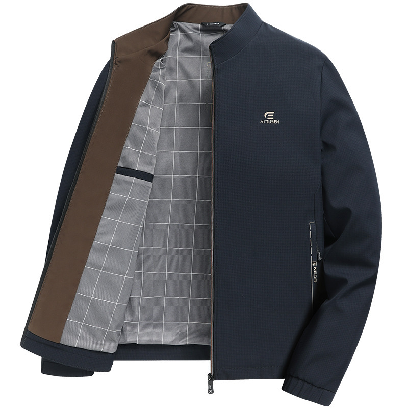 Spring and Autumn new middle-aged men's jacket stand collar color matching milk silk light business jacket middle-aged and elderly men's clothing
