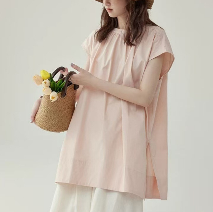""Nidao"" Japanese Style Retro Simple Sleeveless Round Neck Lazy Style Shirt Women's Summer Loose Pleated Shirt