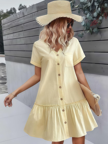 2025 Summer Foreign Trade Single-breasted Women’s Dress, Loose-Fitting Dress with Pockets, Ruffled Hem, Casual Short Sleeves