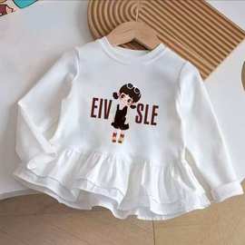 女童秋季T恤衫2025新款卡通印花甜美拼接萌趣裙摆可爱打底上衣衫