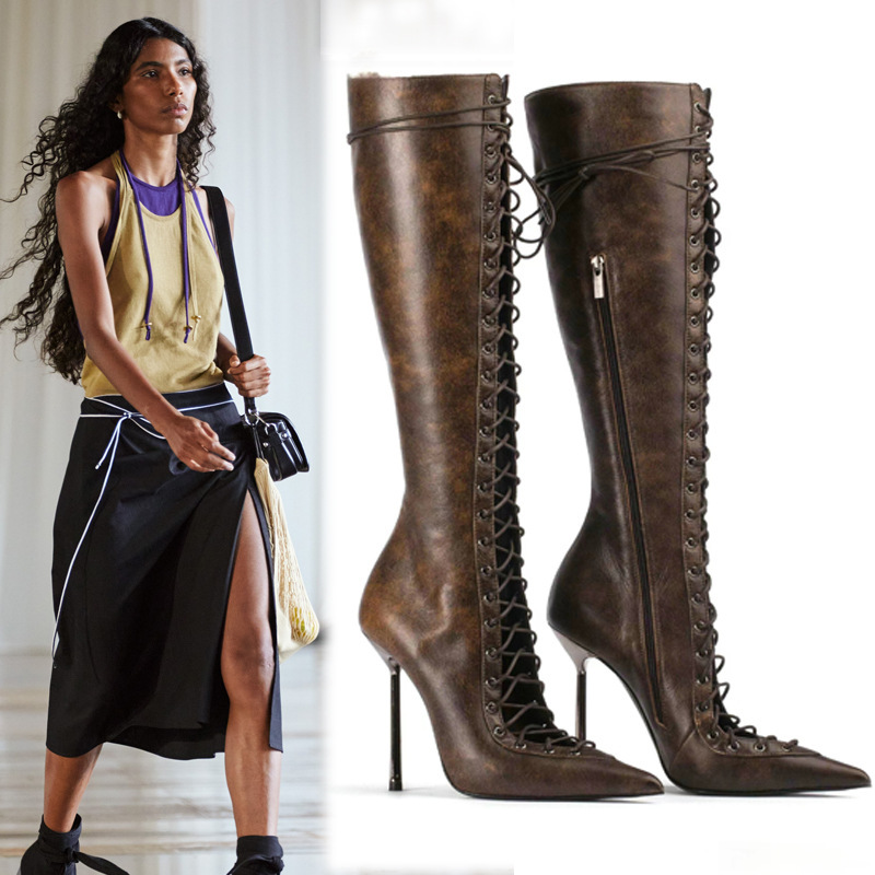 Urban Master Pointed Toe Stiletto Heel Mesh Zipper Hollow No-Knee Sandals Large Size Strap Catwalk Temperament High Boots