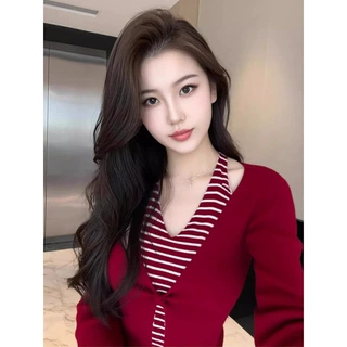 法式假两件条纹挂脖扭结针织衫女秋冬设计感气质修身打底衫上衣潮