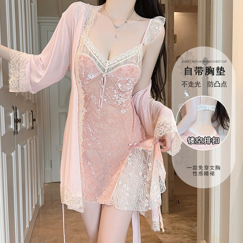Guiruo Brand Lingerie Sweet and Alluring Flutter Sleeve Deep V Backless Velvet Nightgown with Chest Pads and Robe Women's Set 5960 Guiruo Brand Lingerie Sweet and Alluring Flutter Sleeve Deep V Backless Velvet Nightgown with Chest Pads and Robe Women's Set 5960
