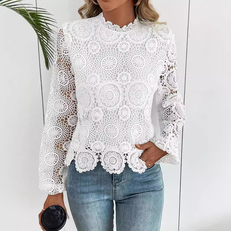 Lace Insert Lantern Sleeve Top Long Sleeve Summer Casual Lace Shirt T-Shirt Sexy Party Vacation Party