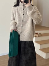 焦糖南瓜色慵懒软糯羊毛针织外套女气质高领排扣针织开衫秋冬上衣