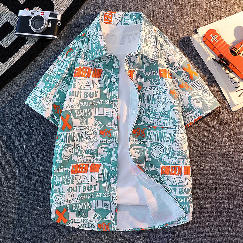Men's Hawaiian Style Printed Short Sleeve Shirt Trendy Loose Casual Lapel Beach Wear_viptrois.com