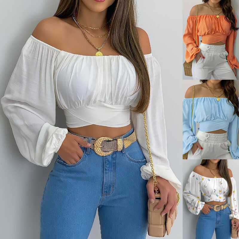 2025 Spring and Summer European and American Clothing Amazon Independent Station Hot Selling Women's Off-Shoulder Cross Strap Long Sleeve Top Ready in Stock 2025 Spring and Summer European and American Clothing Amazon Independent Station Hot Selling Women's Off-Shoulder Cross Strap Long Sleeve Top Ready in Stock
