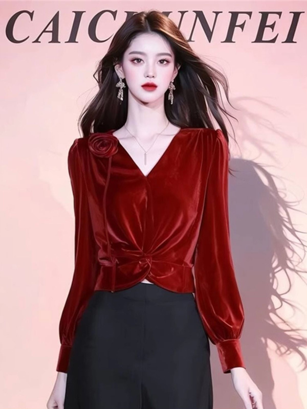 2025新中国風vネックシャツ女性秋冬安可拉紅超美しい上着気質シャツ|undefined