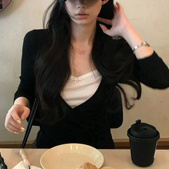 sheeplad首尔初秋 黑色V领假两件天丝t恤女早秋显瘦内搭打底上衣