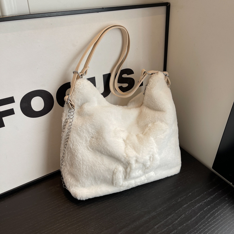 Bolso de felpa para mujer 2024 nuevo bolso de hombro de dibujos animados lindo bolso de otoño e invierno bolso de conejo de lana de gran capacidad