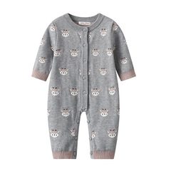 ins春秋雙層針織連體衣寶寶小鹿哈衣嬰兒前開扣毛衣爬服