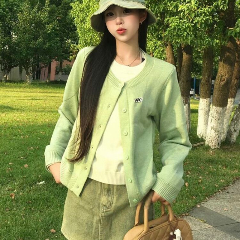 美式覆古假两件针织开衫女早秋新款藏青色长袖宽松慵懒风v领上衣|undefined