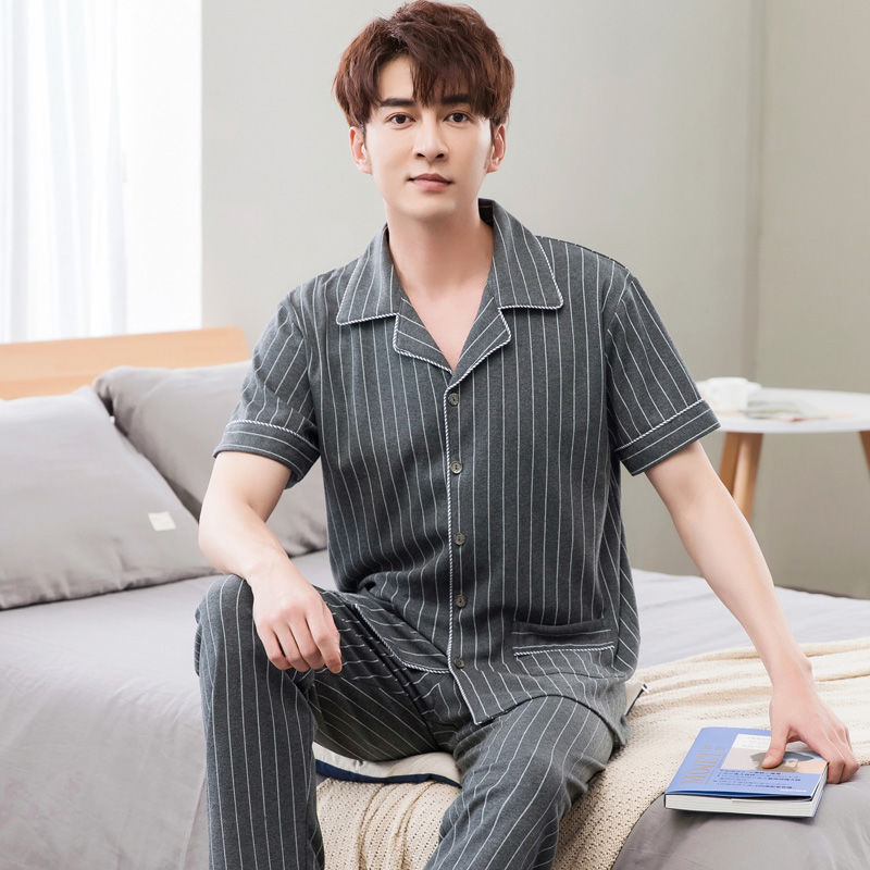 Pijamas de los hombres de verano 100% algodón pantalones de manga corta de media manga de primavera y otoño delgada cardigan ropa para el hogar más tamaño