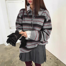 韩国东大门2025秋冬装慵懒风条纹毛衣针织衫polo领撞色羊毛上衣女