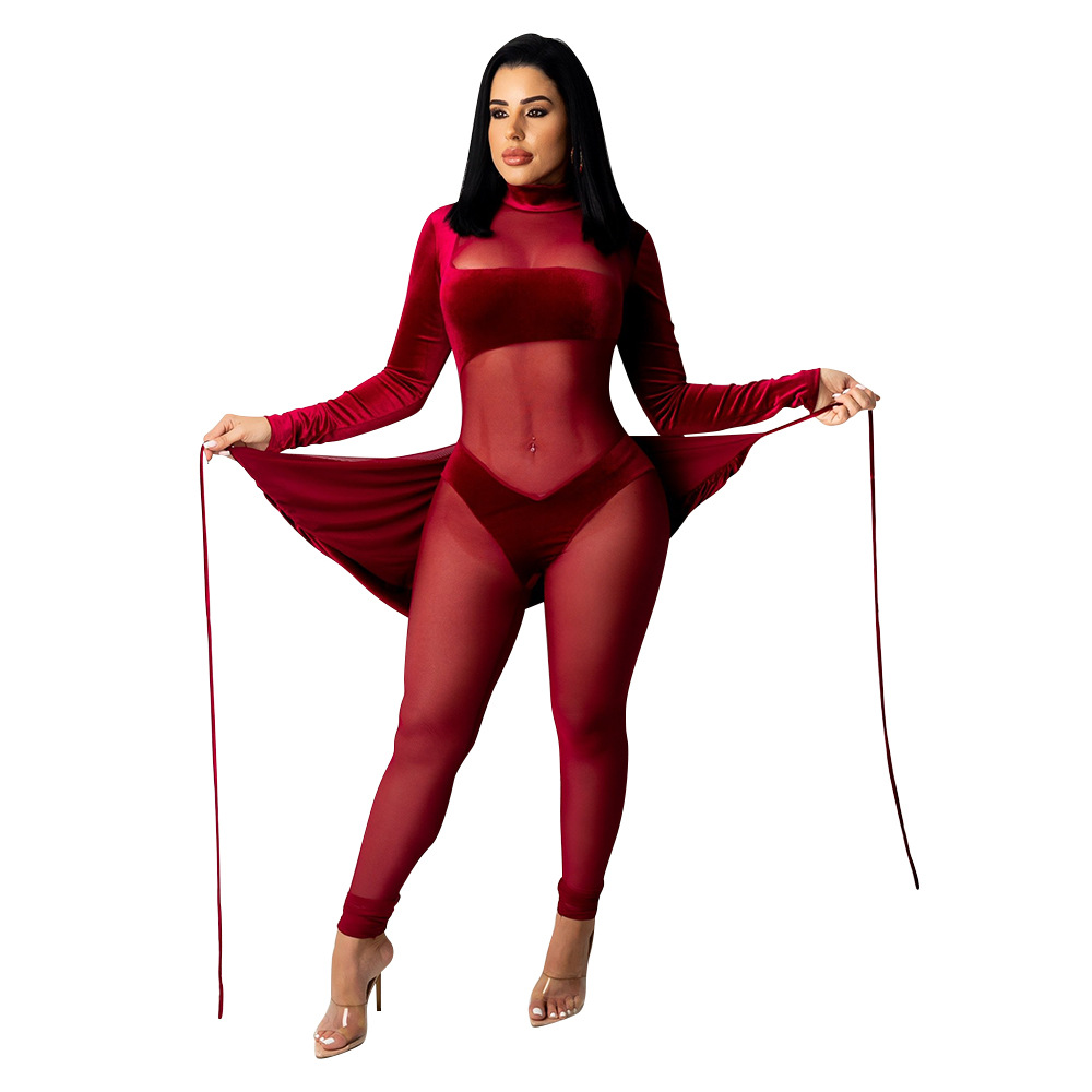 Women's fashion sexy mesh velvet splicing solid color jumpsuit_voghion.com