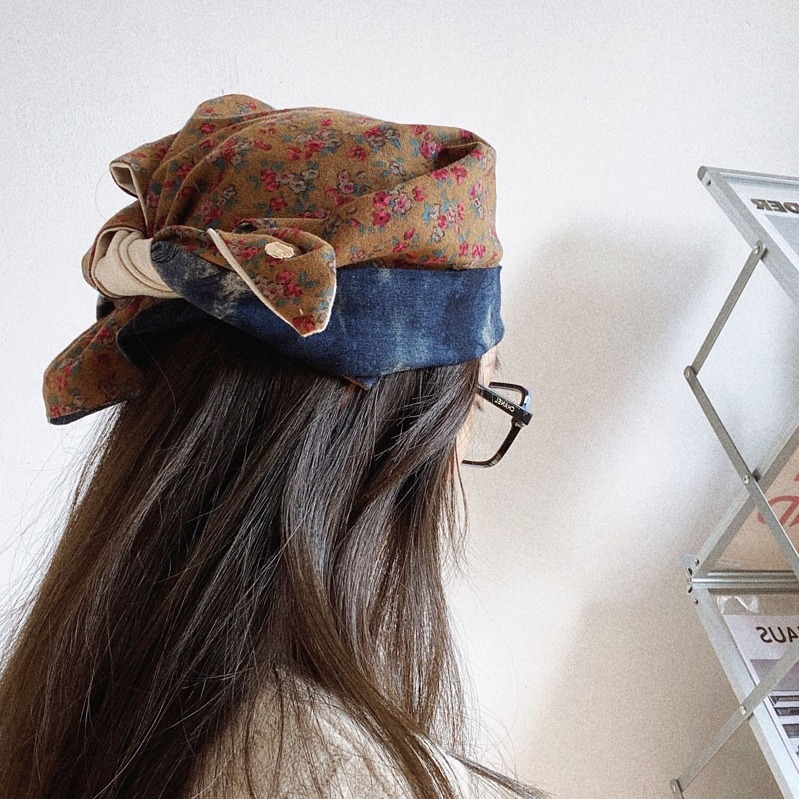 Retro Head Scarf Street Art Cotton Linen Outdoor Sun Protection Shawl Triangle Scarf Dual-Sided Collar Scarf Face Mask Hair Tying Band Women Fashion