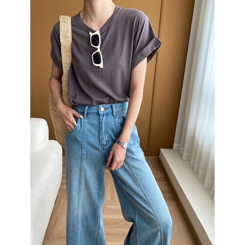 Si Nan blogger's favorite Nordic loose slim and versatile round neck curled short-sleeved T-shirt design sense SN5796