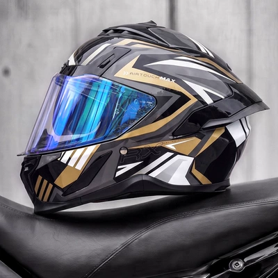 riding, full-face motorcycle helmet, Motosiklet kaskı (dəbilqə) - gold-windbreaker-electronic-blue-mirror-coating-free-clear-lens-m55-56cm