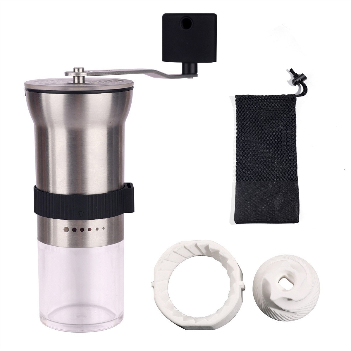 Molinillo de Café Manual de Acero Inoxidable SW-118B con Ajuste Externo, 6 Velocidades y Muelas de Cerámica + Bolsa de Almacenamiento