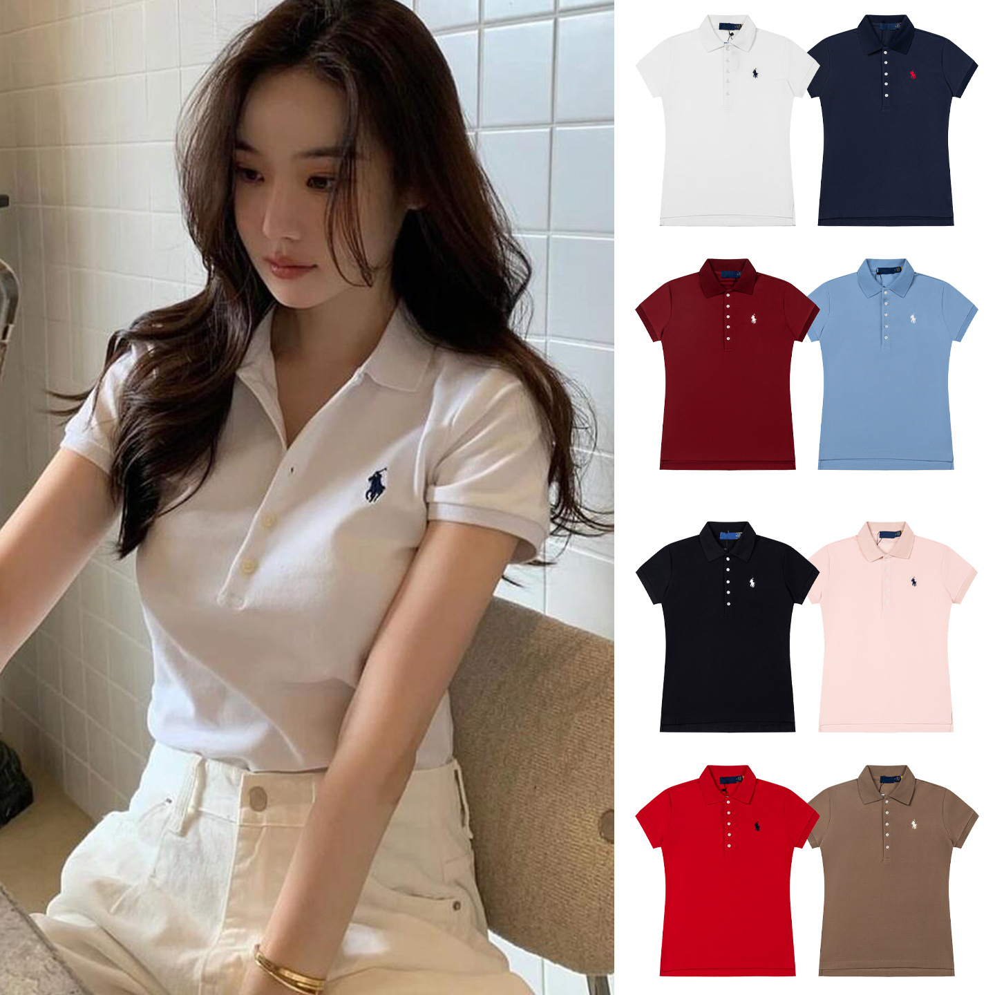 Scannable QR code, embroidered pony logo, pure cotton polo short-sleeved T-shirt, women's summer slim fit, collared, simple and versatile trendy brand.