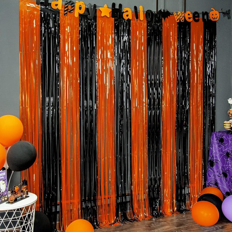 Amazonの新しいオレンジとブラックのダブルレインシルクカーテンクロスボーダー誕生日パーティーハロウィンクリスマス装飾レインシルク|undefined