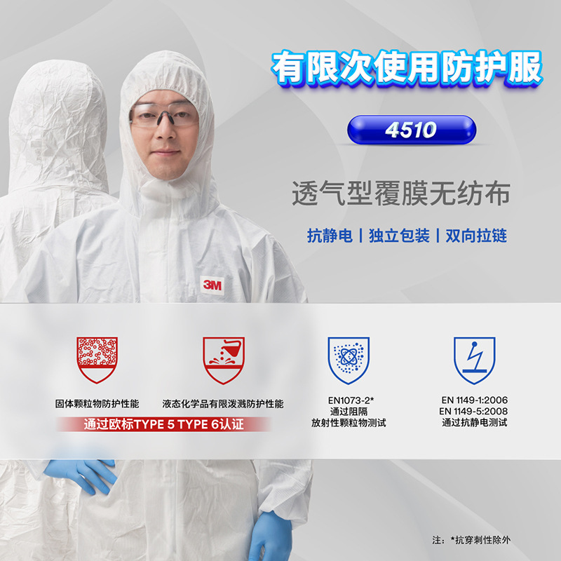 3M 4510 Protective Suit with 620P Set - Dust, Poison, and Chemical Splash Protection - Laboratory Paint Spray Protection Set