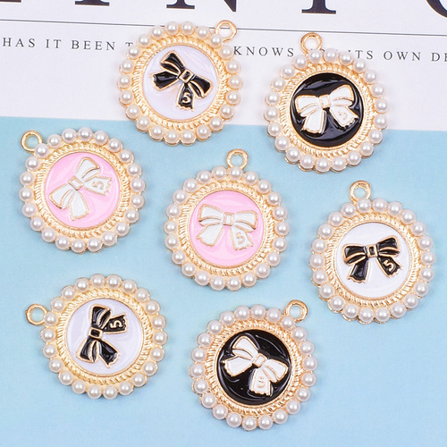Korean style oil dripping small round pearl bow hair accessories keychain pendant diy alloy jewelry accessories