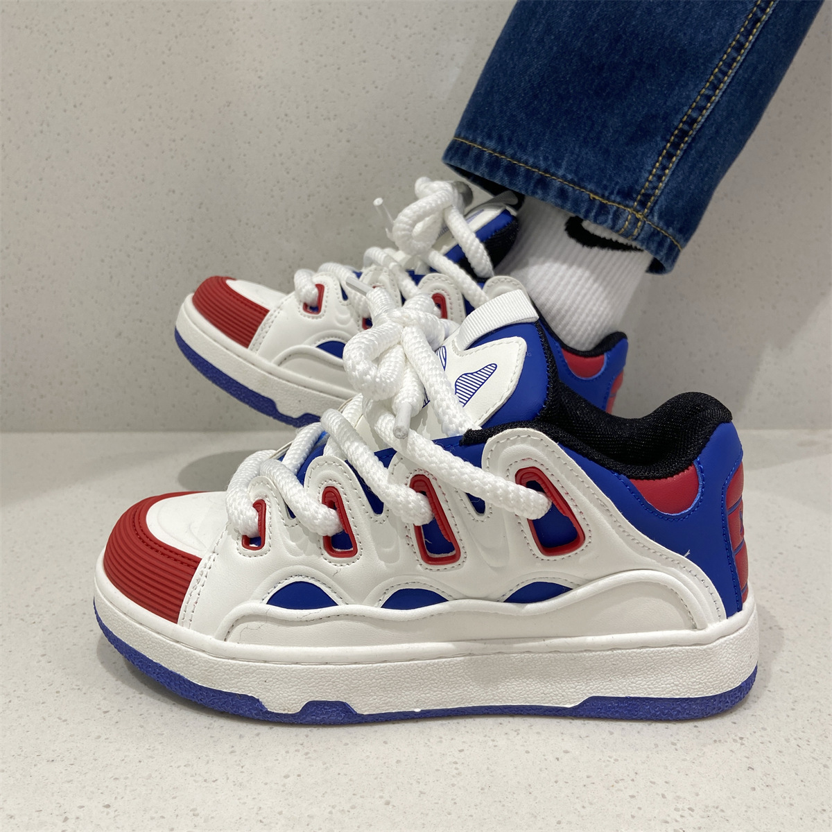 Freizeitschuhe Für Damen Und Herren Mit Dicker Sohle Weiß Blau Rot_voghion.com