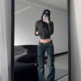 C242#【非实拍】美式复古微喇叭工装牛仔裤女做旧多口袋高街低腰