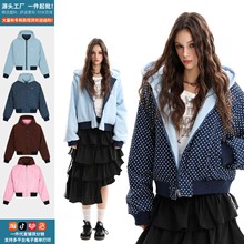 2025冬季新款双面穿加厚保暖棉袄潮美式撞色波点羊羔绒棉服外套女