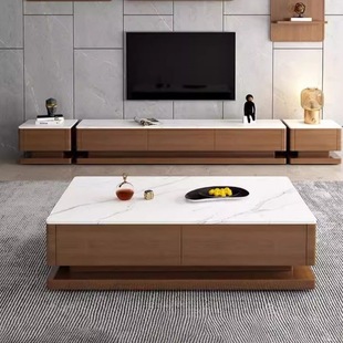 Mid-ancient Style Solid Wood Coffee Table Living Room 2024 New Small Apartment Retro Home Walnut Color Rock Board TV Cabinet Combination
