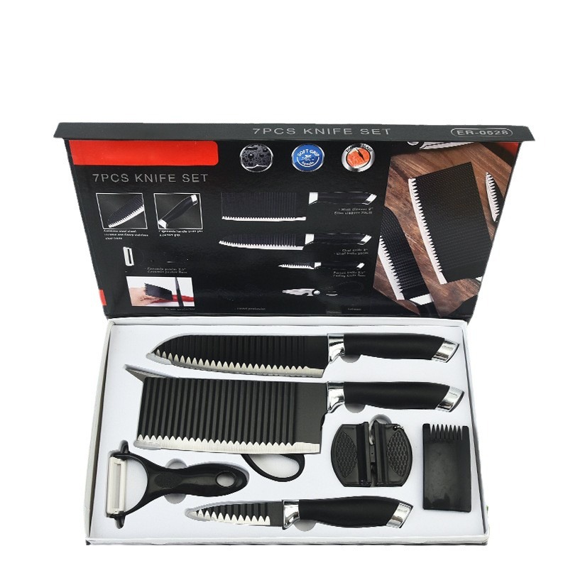 Mayorista ondulado doble cabeza galvanizada cuchillo de cocina grande cuchillo de cocina de siete piezas conjunto de cuchillos de acero inoxidable hogar