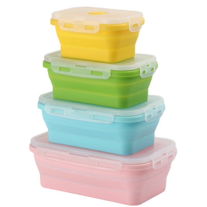 Caixa de almuerzo de silicona en stock, microondas plegables, caja de almuerzo de silicona, caja de almacenamiento de refrigerador, caja de preservación, tazón de silicona